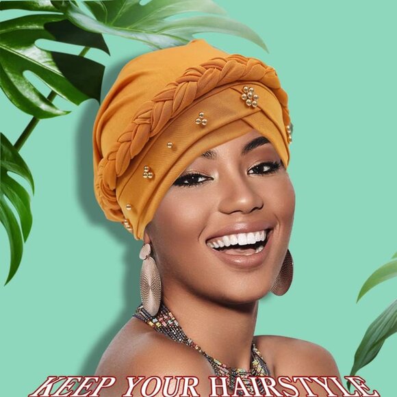 African Women Turban Cap Twisted Beaded Braid Head Wraps Pre-Tied Chemo Headscar - Picture 3 of 9